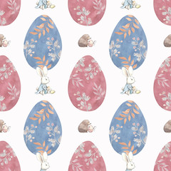 Watercolor seamless cute pattern for Easter with bear and bunny (rabbit) and easter eggs and flowers