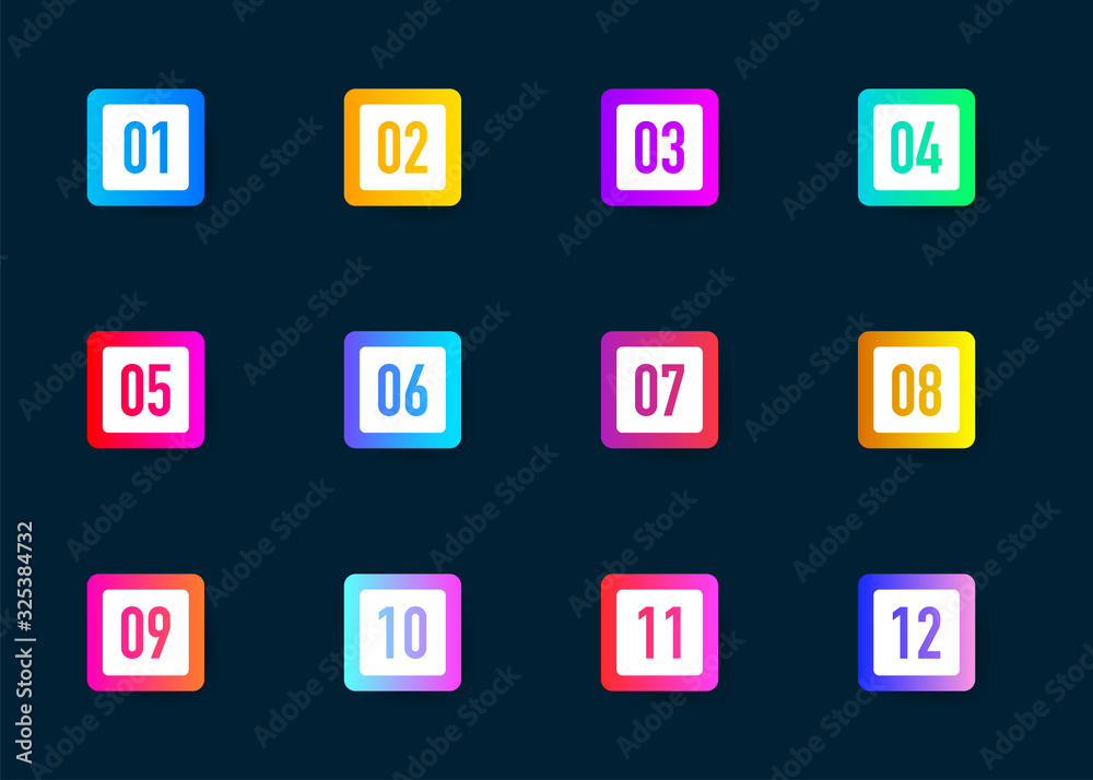 Poster collection buttons bullet point triangle square flags isolated on dark blue background. colorful gra