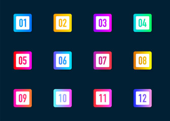 Collection buttons bullet point triangle square flags isolated on dark blue background. Colorful gradient elements. Number from 1 to 12. Vector