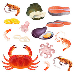 Seafood isolated on white, set of fresh ocean delicacies, oyster, prawn and shrimp, vector illustration. Fresh sea food, salmon fillet, mussel, crab and octopus. Shellfish, clam and slice of lemon set