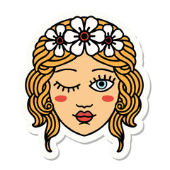 tattoo style sticker of a maidens face winking