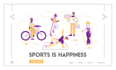 Healthy Lifestyle, Leisure, Sport Activities Website Landing Page. Fitness Exercise Workout with Dumbbells, Riding Bicycle, Scandinavian Walk Web Page Banner. Cartoon Flat Vector Illustration Line Art
