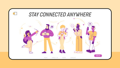 Young People Using Gadgets Website Landing Page. Teens Male and Female Characters Chatting in Smartphone, Using Social Media Networking Apps Web Page Banner. Cartoon Flat Vector Illustration, Line Art