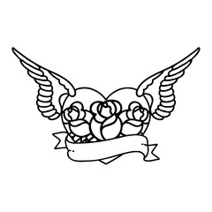 black line tattoo of a flying heart with flowers and banner