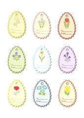 Set of Easter price tags. Easter. Price tags are multi-colored, oval-shaped, decorated with flowers. Decorative element. Vector illustration.
