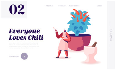 Spicy Food with Seasoning Website Landing Page. Woman Carry Hot Chilli Sauce in Plate with Huge Chilli Pepper Potted Tree and Mortar for Grinding Web Page Banner. Cartoon Flat Vector Illustration