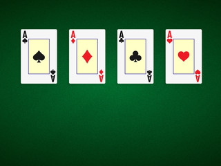 Poker table background in green color with four aces. Vector illustration.