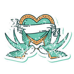 Fototapeta premium distressed sticker tattoo style icon of a swallows and a heart with banner