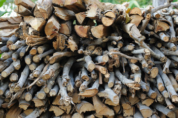 the stock of firewood. Selective focus