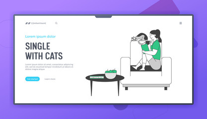 Reading Books Hobby Website Landing Page. Young Woman Sitting on Cozy Armchair at Home Read Interesting Book with Cat Sleeping beside World Web Page Banner. Cartoon Flat Vector Illustration, Line Art