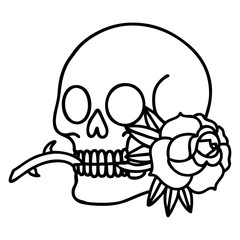 black line tattoo of a skull and rose