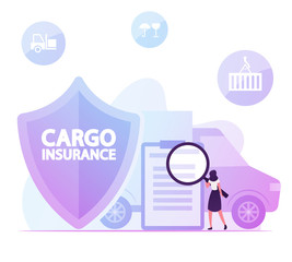 Woman with Huge Magnifying Glass Reading Contract for Cargo Insurance Service near Shield Symbol and Shipping Truck. Freight Delivery Guarantee, Protection of Goods Cartoon Flat Vector Illustration