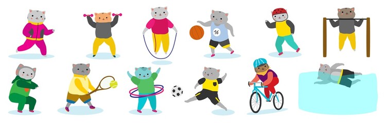 Sport cat cartoon character, cute pet animal mascot, set isolated on white, vector illustration. Active healthy lifestyle, sport training and fitness workout. Kitten playing football and cycling cat