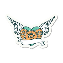 tattoo style sticker of a flying heart with flowers and banner