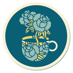 tattoo style sticker of a cup and flowers