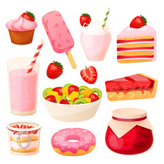 Strawberry dessert set, summer cafe menu, cake and milkshake isolated on white, vector illustration. Collection of summer sweet food, fresh strawberry ingredient. Fruit salad, berry jam and pie slice