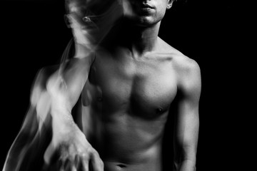 Fototapeta na wymiar Naked chest and lips of young sporty man. Artistic Beautiful fuzzy mystical mysterious ambiguous original conceptual profile side portrait of young blonde naked man on a black background. Black white