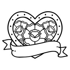 black line tattoo of a heart and banner with flowers