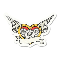 traditional distressed sticker tattoo of a flying heart with flowers and banner