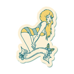 tattoo style sticker of a pinup girl in swimming costume with banner