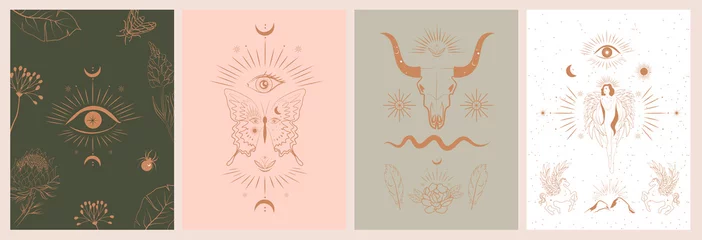 Fotobehang Collection of mythology and mystical illustrations in hand drawn style. fantasy animals, mythical creature, esoteric and boho objects, woman and moon, snake and evil eye. Vector Illustration © miobuono