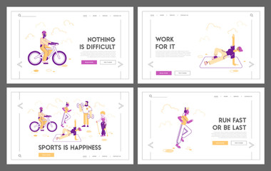 People Healthy Lifestyle and Sport Activity Website Landing Page Set. Male Female Characters Biking Sport, Fitness Exercising, Yoga, Running Web Page Banner. Cartoon Flat Vector Illustration, Line Art