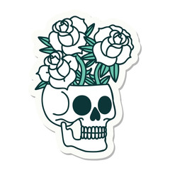 tattoo style sticker of a skull and roses