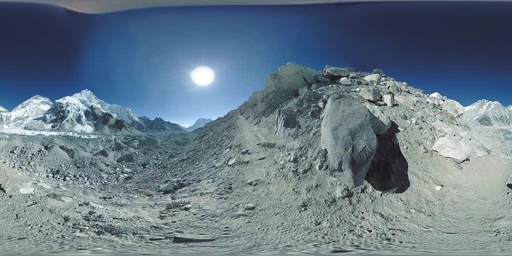 360 vr of the Everest Base camp at Khumbu glacier. Khumbu valley, Sagarmatha national park, Nepal of the Himalayas. EBC track route near Gorak Shep.