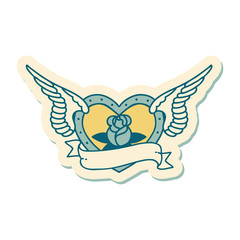 tattoo style sticker of a flying heart with flowers and banner