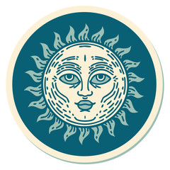 tattoo style sticker of a sun with face