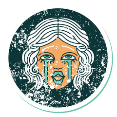 distressed sticker tattoo style icon of a very happy crying female face