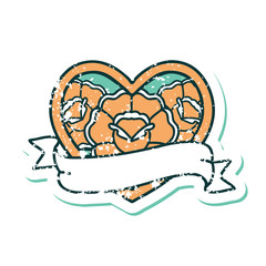 distressed sticker tattoo style icon of a heart and banner with flowers