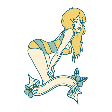 tattoo style icon  of a pinup girl in swimming costume with banner