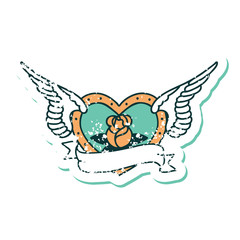 distressed sticker tattoo style icon of a flying heart with flowers and banner
