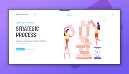 Business Strategy Website Landing Page. Women Playing Intellectual Strategic Board Game Put Wooden Block Pieces on Each Other for Making High Tower Web Page Banner. Cartoon Flat Vector Illustration