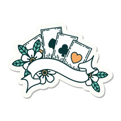 tattoo style sticker of cards and banner