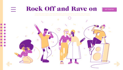 Fototapeta na wymiar People Relax in Karaoke Club Website Landing Page. Male and Female Characters Singing Songs in Night Bar, Creative Recreation Activity, rest Web Page Banner. Cartoon Flat Vector Illustration Line Art