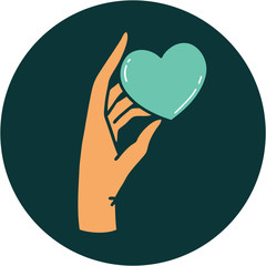 tattoo style icon of a hand holding a heart