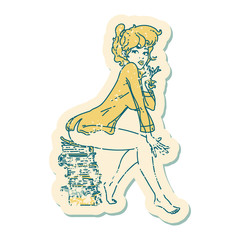 distressed sticker tattoo style icon  of a pinup girl sitting on books