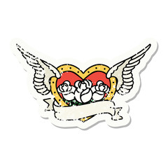 traditional distressed sticker tattoo of a flying heart with flowers and banner
