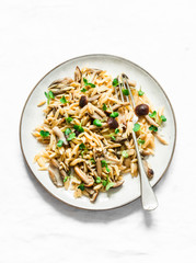 Healthy vegetarian lunch - orzo mushroom paste on a light background, top view. Copy space