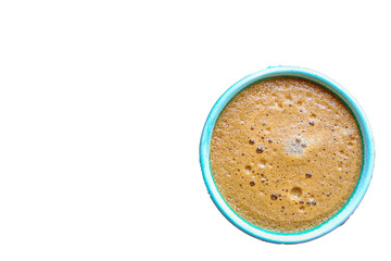 coffee drink and coffee grain, hot chocolate. top view. copy space