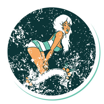 distressed sticker tattoo style icon of a pinup girl in swimming costume with banner