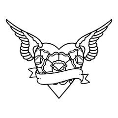 Fototapeta premium black line tattoo of a heart with wings flowers and banner