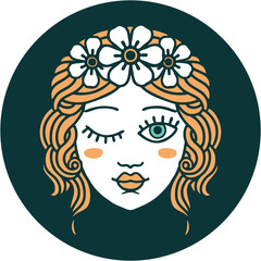 tattoo style icon of a maidens face winking