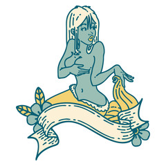 tattoo style icon of a pinup mermaid with banner