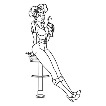 black line tattoo of a pinup girl drinking a milkshake