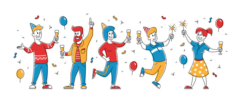 Birthday Party. Group of Cheerful Drunk People in Festive Hats with Wineglasses in Hands Celebrating Holiday on White Background with Balloons and Confetti. Cartoon Flat Vector Illustration, Line Art