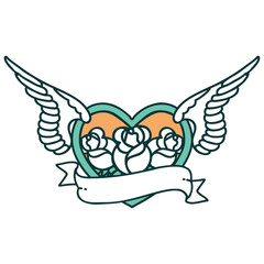 tattoo style icon of a flying heart with flowers and banner