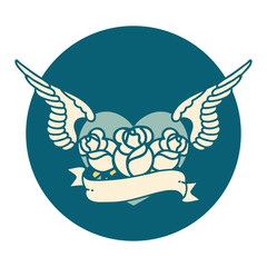 tattoo style icon of a flying heart with flowers and banner